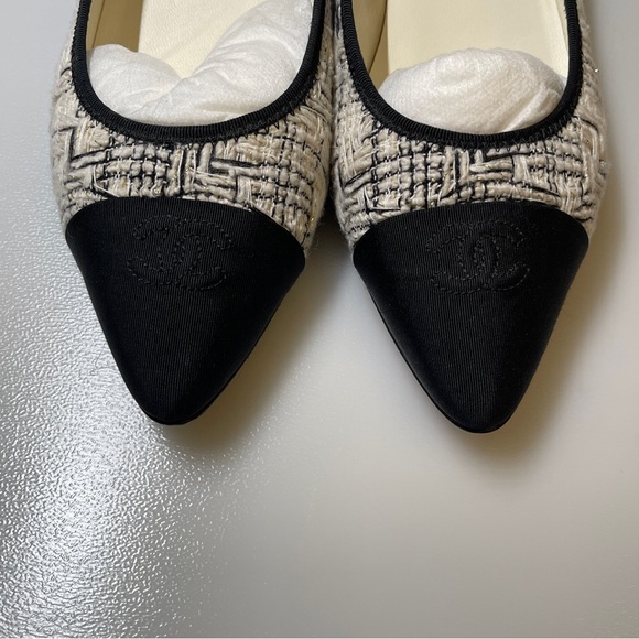 Chanel Chain Link Heel tweed CC Ballerinas flat black white size 39women - Picture 3 of 12